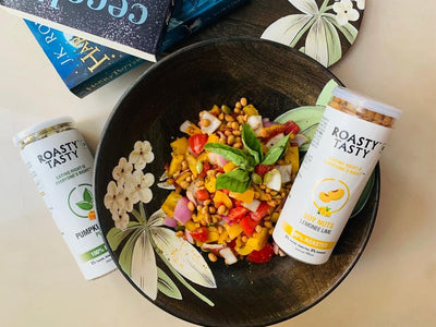 High protein salad recipe with Roasty Tasty's Soy nuts and Pumpkin Seeds